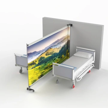 Stěnová nemocniční zástěna s přírodním motivem mezi dvěma lůžky