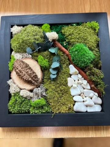 Mechový obraz s kůrou, eukalyptem a bílými kameny v černém rámu vytvořený na kurzu stabilizovaného mechu